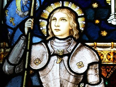 Stained glass of Joan of Arc in St. Mary of the Angels, Wellington, New Zealand. Roman Catholic church. (Saint Joan of Arc, St. Joan of Arc)