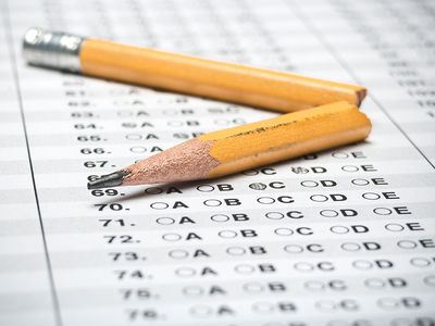 Broken pencil on a standardized test. (testing, education, exam, SAT test)