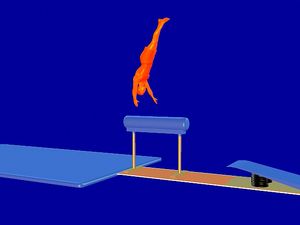 Observe an animation of a gymnast performing the men's vault gymnastics exercise