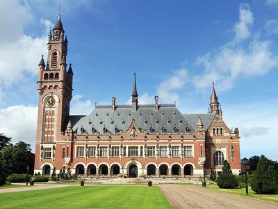 The Peace Palace (Vredespaleis) in The Hague, Netherlands. International Court of Justice (judicial body of the United Nations), the Hague Academy of International Law, Peace Palace Library, Andrew Carnegie help pay for