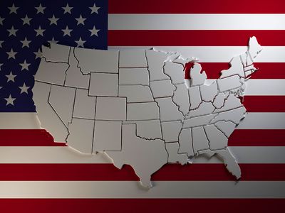 Extruded map of the United States of America with states borders on national flag background. (3-d rendering)