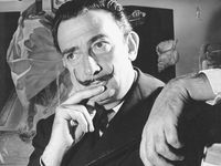 Portrait of Salvador Dali in front of painting "The Madonna of Port Lligat."