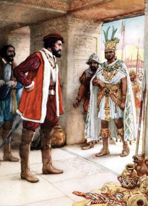 Hernán Cortés meeting Montezuma II