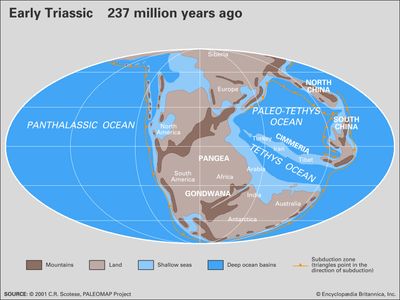 Paleogeography and paleoceanography of Early Triassic time. The present-day coastlines and tectonic boundaries of the configured continents are shown at the lower right. Continents, continental drift, plate tectonics, Pangea, Laurussia, Gondwana.