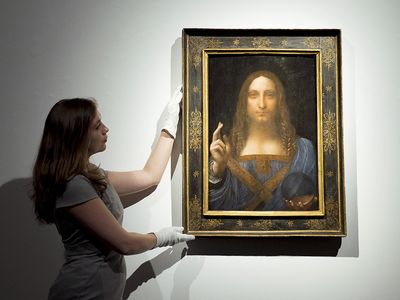 Leonardo da Vinci's Salvator Mundi on show at Christies' Kings Street, before it is offered at auction by Christie's New York