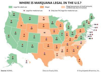 Map of the United States showing the legality of marijuana