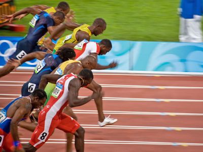 Start of Men's 100 meter sprint where Usain Bolt wins and sets a new world record at the 2008 Summer Olympic Games August 18, 2008 in Beijing, China.