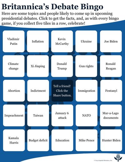 Presidential Debate Bingo. As candidates for the Republican Party's nomination for the 2024 presidential election take to the stage to debate the issues and each other, keep track of the facts you need to know with updated Britannica entries. As with every Bingo game, if you connect five tiles in a row, celebrate!