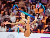 Crescenzi Maria Carmen jumps at Rhythmic Gymnastics Grand Prix , in Moscow on February 20, 2016