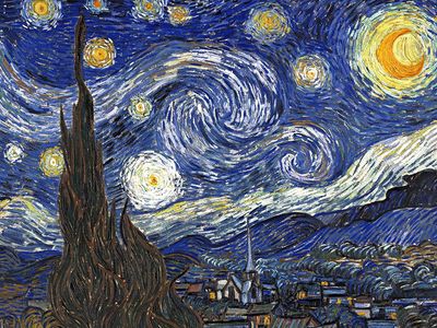 "The Starry Night," oil on canvas painting by Vincent van Gogh, 1889. In the Museum of Modern Art, New York City. 73.7 x 92.1 cm. (Post-impressionism)