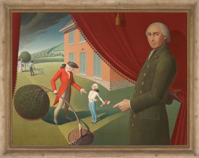 'Parsons Weems' Fable', oil on canvas by Grant Wood, 1939; in the Amon Carter Museum of American Art. Catalog entry: The historian Mason Locke Weems, commonly known by his clerical title, Parson Weems, pulls back a curtain to point at 6-year-old George Washington. Bearing an adult head and holding an axe, George gazes blankly up at his father, Augustine, who questions his son while holding a partially cut cherry tree. All of this takes place in front of a 20th-century brick building, which Wood modeled after his own home in Iowa. The scene illustrates the fable of Washington and the cherry tree, which Weems invented in 1806 for the first president's biography. Wood playfully suggests the artifice of the tale here, presenting the story in the manner of a costumed stage play rather than a real event. Amid the action, two Black figures pick cherries in the background, a reference to Washington' slaveholding past and a reminder of of what often gets left out in historical mythmaking.