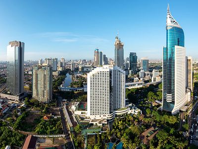 Skyscrapers in the business district of central Jakarta, Indonesia, around the Jalan Jenderal Sudirman thoroughfare.