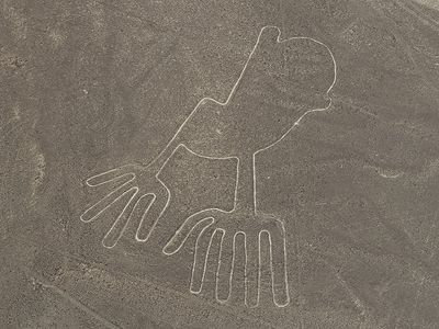 Nazca Lines showing hands, one of the geoglyphs on the Pampa Colorado, northwest of the city of Nazca, Peru. (Nasca Lines)