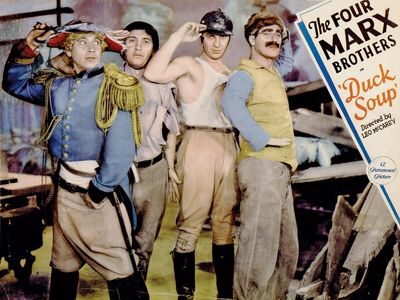 Duck Soup (1933) Lobby card of the Marx Brothers L to R Harpo Marx, Chico Marx, Zeppo Marx and Groucho Marx in the comedy film directed by Leo McCarey. movie