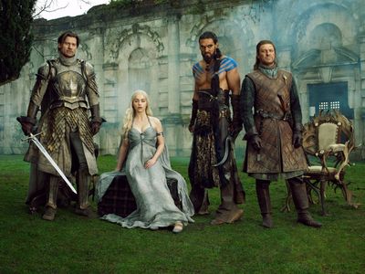 Partial cast of Game of Thrones Nikolaj Coster-Waldau as Jaime Lannister, Emilia Clarke as Daenerys Targaryen, Jason Momoa as Kahl Drogo, and Sean Bean as Eddard 'Ned' Stark