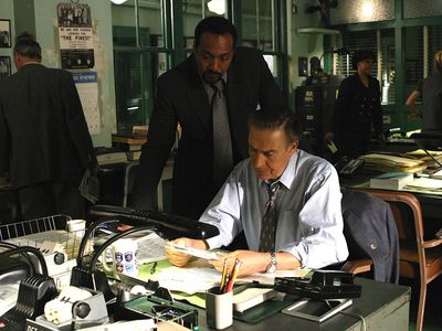 Publicity still of Jerry Orbach (foreground) and Jesse L. Martin from the television series "Law & Order"; photo undated, but Martin was on the show from 1999-2008.