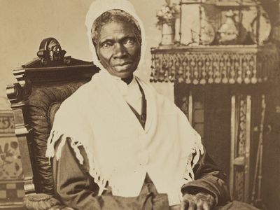 Sojourner Truth, c. 1870, photograph by Randall Studio. To earn a living, Truth sold her autobiography and portraits like this one. Here, her inscription, "I Sell the Shadow to Support the Substance," emphasizes her financial acumen.