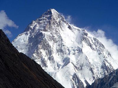 Mountain. K2. Mount Godwin Austen. Karakoram Range. Baltoro Glacier. K2 is the world's second highest mountain, located on the border of Pakistan and China.