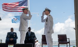 Adm. John Aquilino, right, outgoing commander of U.S. Indo-Pacific Command, and Adm. Samuel Paparo, incoming commander of USINDOPACOM exchange salutes during the USINDOPACOM change of command ceremony on Joint Base Pearl Harbor Hickam, May 3.
