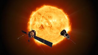 An artist's depiction of the ESA-NASA Solar Orbiter and NASA's Parker Solar Probe studying the sun.