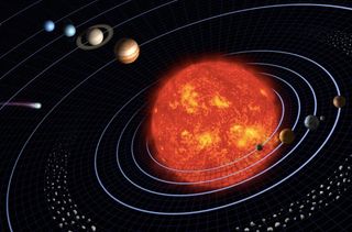 Diagram showing the sun at the center of our solar system (not to scale).