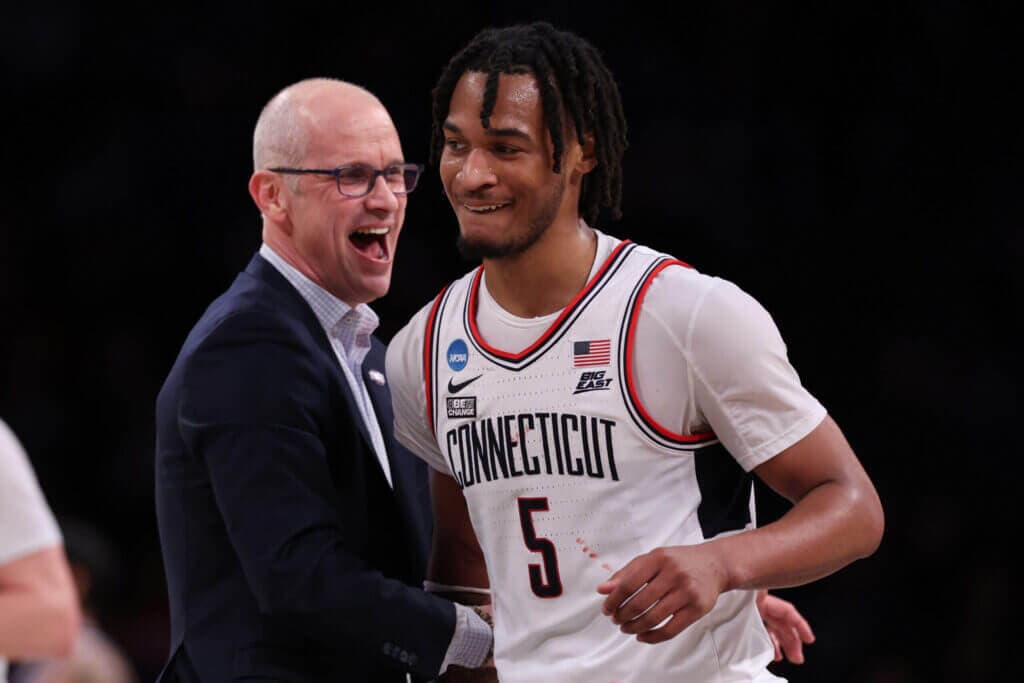 NEW YORK, NEW YORK - MARCH 24: Head coach Dan Hurley of the Connecticut Huskies and Stephon Castle #5 react during the first half against the Northwestern Wildcats in the second round of the NCAA Men&#039;s Basketball Tournament at Barclays Center on March 24, 2024 in New York City. (Photo by Elsa/Getty Images)