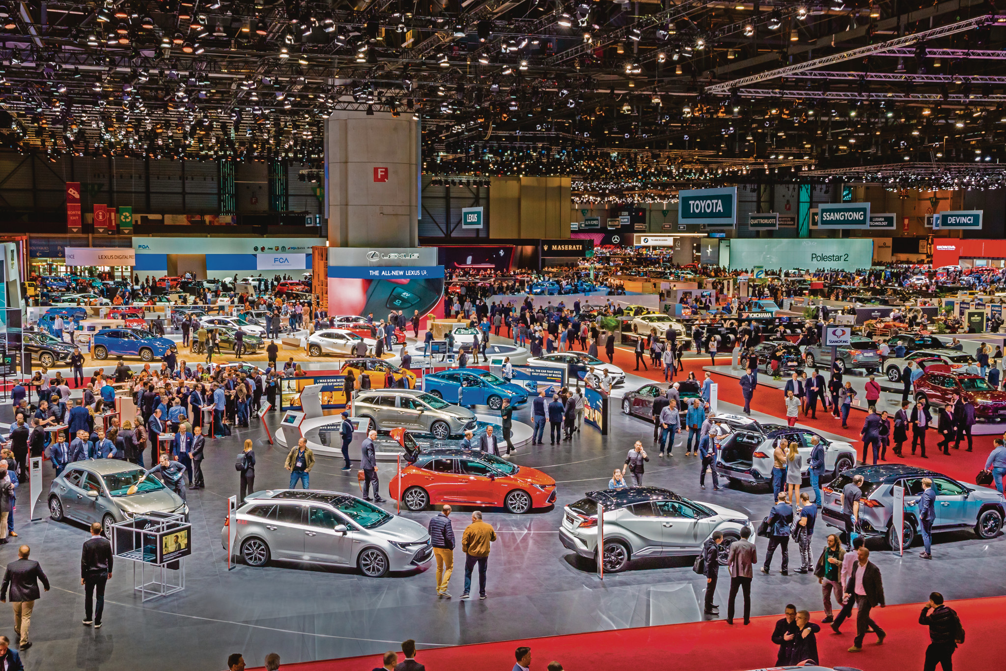 Visitors and cars overview of the 89th Geneva International Motor Show. Geneva, Switzerland - March 6, 2019.