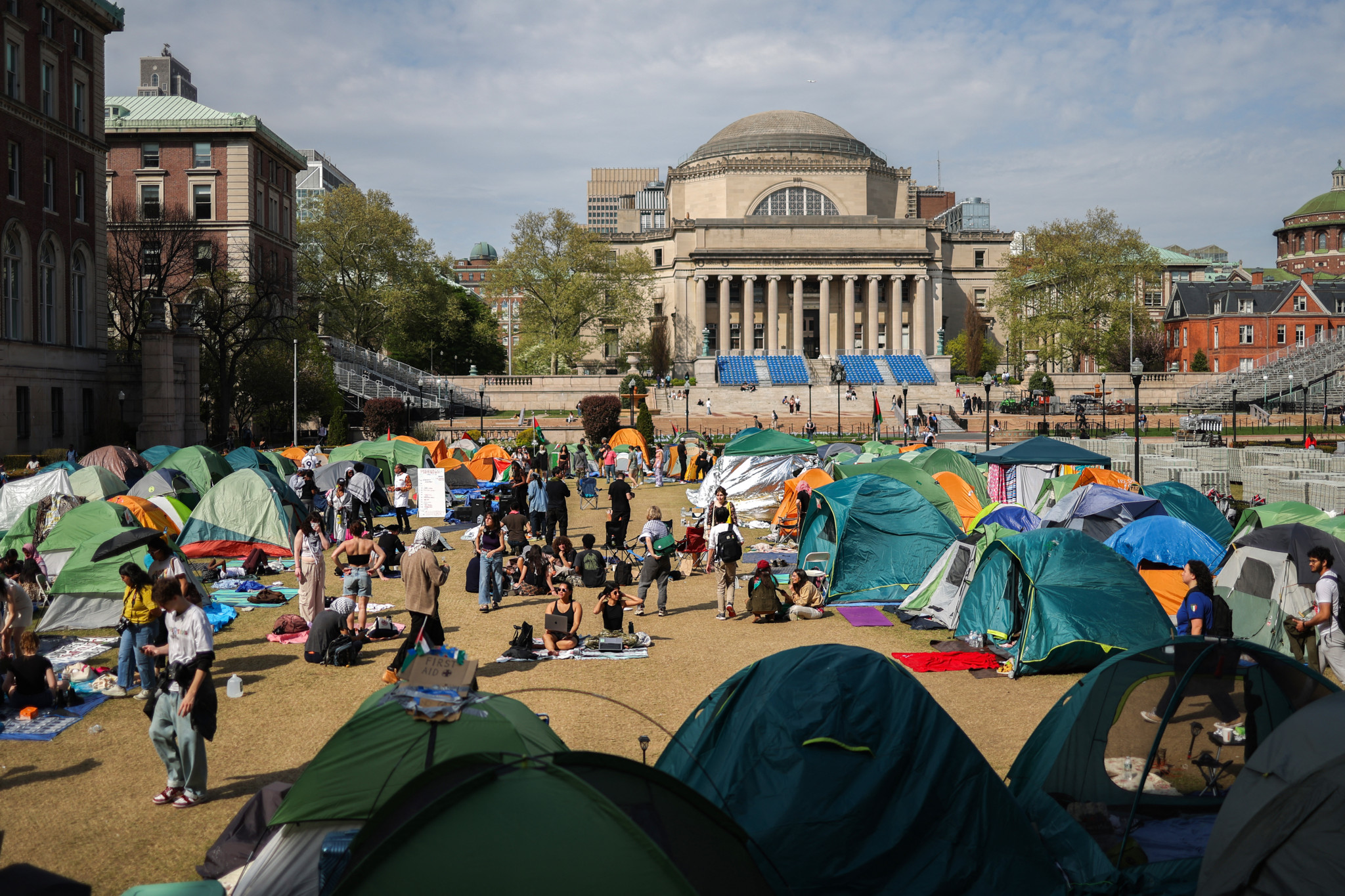 Pro-Palestinian encampment at the Columbia University on April 28, 2024 in New York City. The protests against Israel's war with Hamas began at Columbia University earlier this month before spreading to campuses across the country. They have posed a major challenge to university administrators who are trying to balance campus commitments to free expression with complaints that the rallies have crossed a line. (Photo by Charly TRIBALLEAU / AFP)