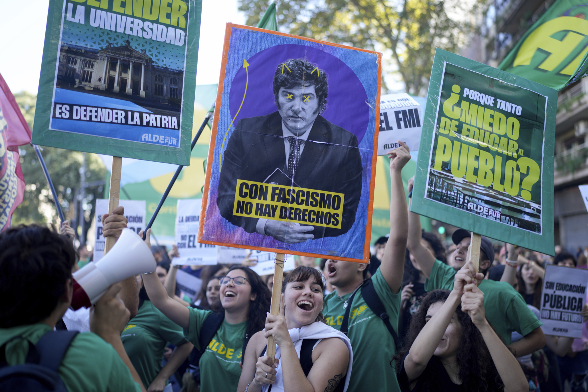 Students protest for more public university funding and against austerity measures proposed by President Javier Milei in Buenos Aires, Argentina, Tuesday, April 23, 2024. (AP Photo/Natacha Pisarenko)