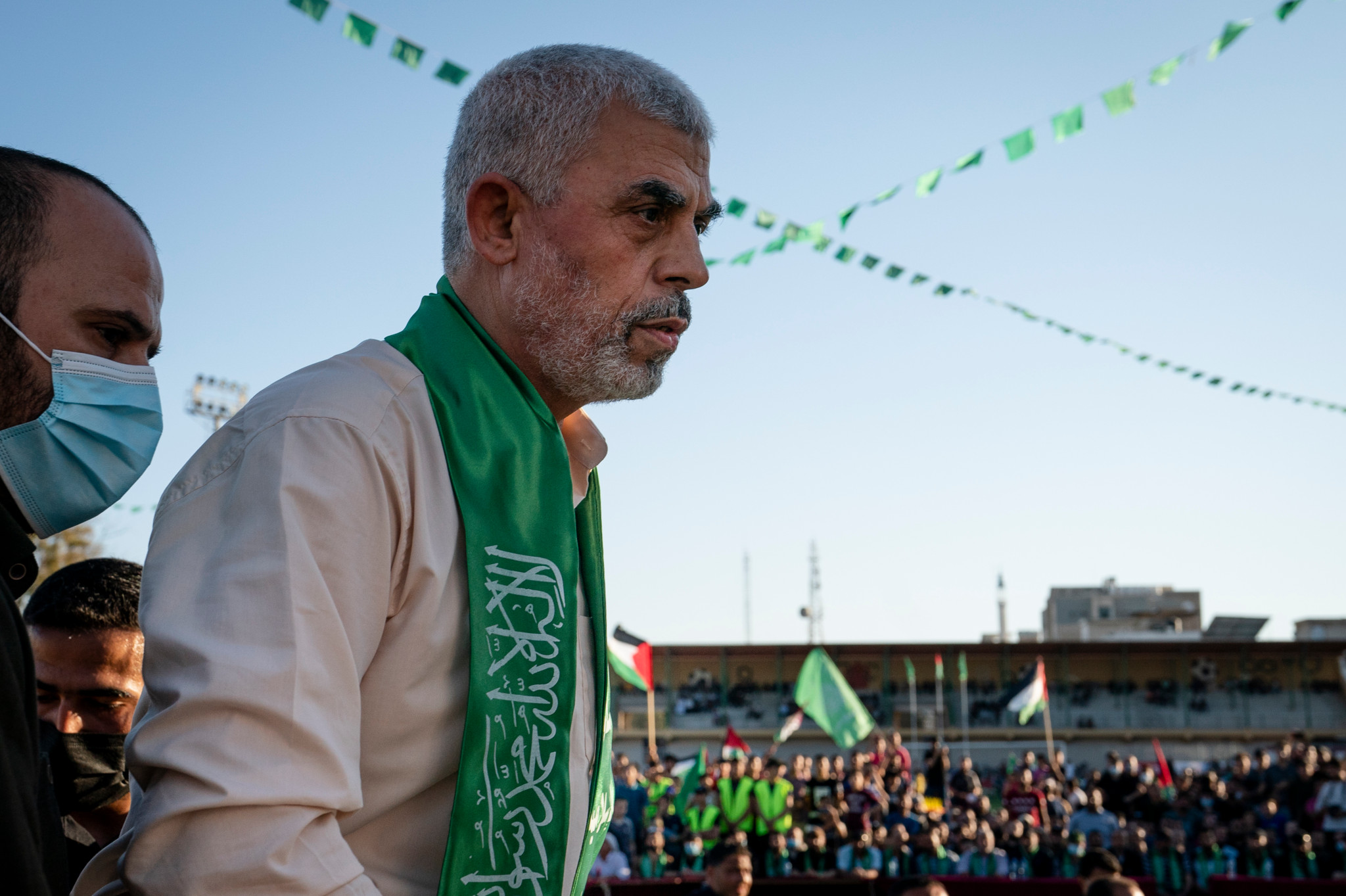 Yahya Sinwar, Palestinian leader of Hamas in the Gaza Strip, takes the stage after greeting supporters at a rally days after a cease-fire was reached in an 11-day war between Gaza's Hamas rulers and Israel, Monday, May 24, 2021, in Gaza City, the Gaza Strip. (AP Photo/John Minchillo)