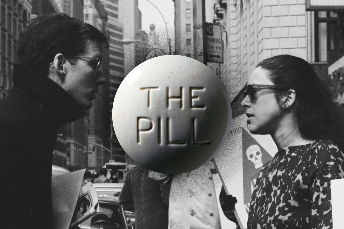 A ceramic pill that reads “The Pill” is superimposed over a photo of a man and woman facing each other, in a tense conversation. The photo was taken in 1970s Washington, DC.