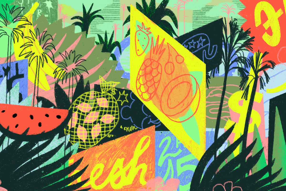 Colorful overlapping cartoon images of fruit and palm trees and dollar signs.