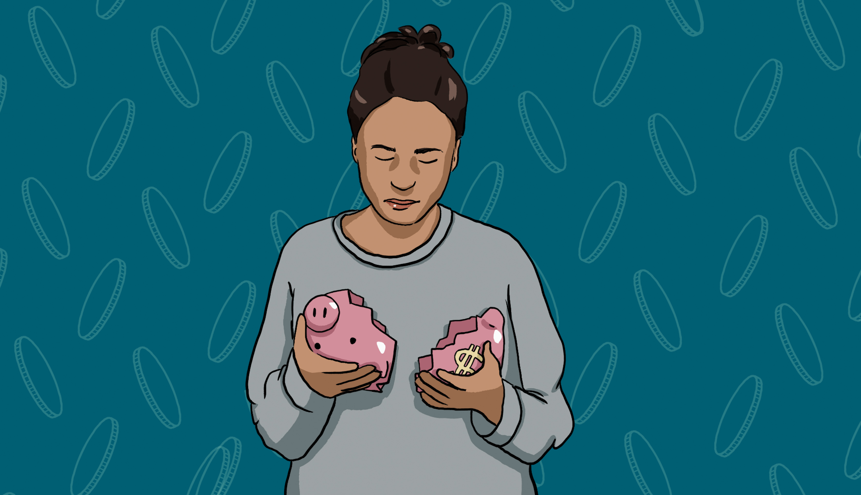 An illustration of a woman with a brown ponytail and gray sweatshirt holding a broken piggy bank in her hands.