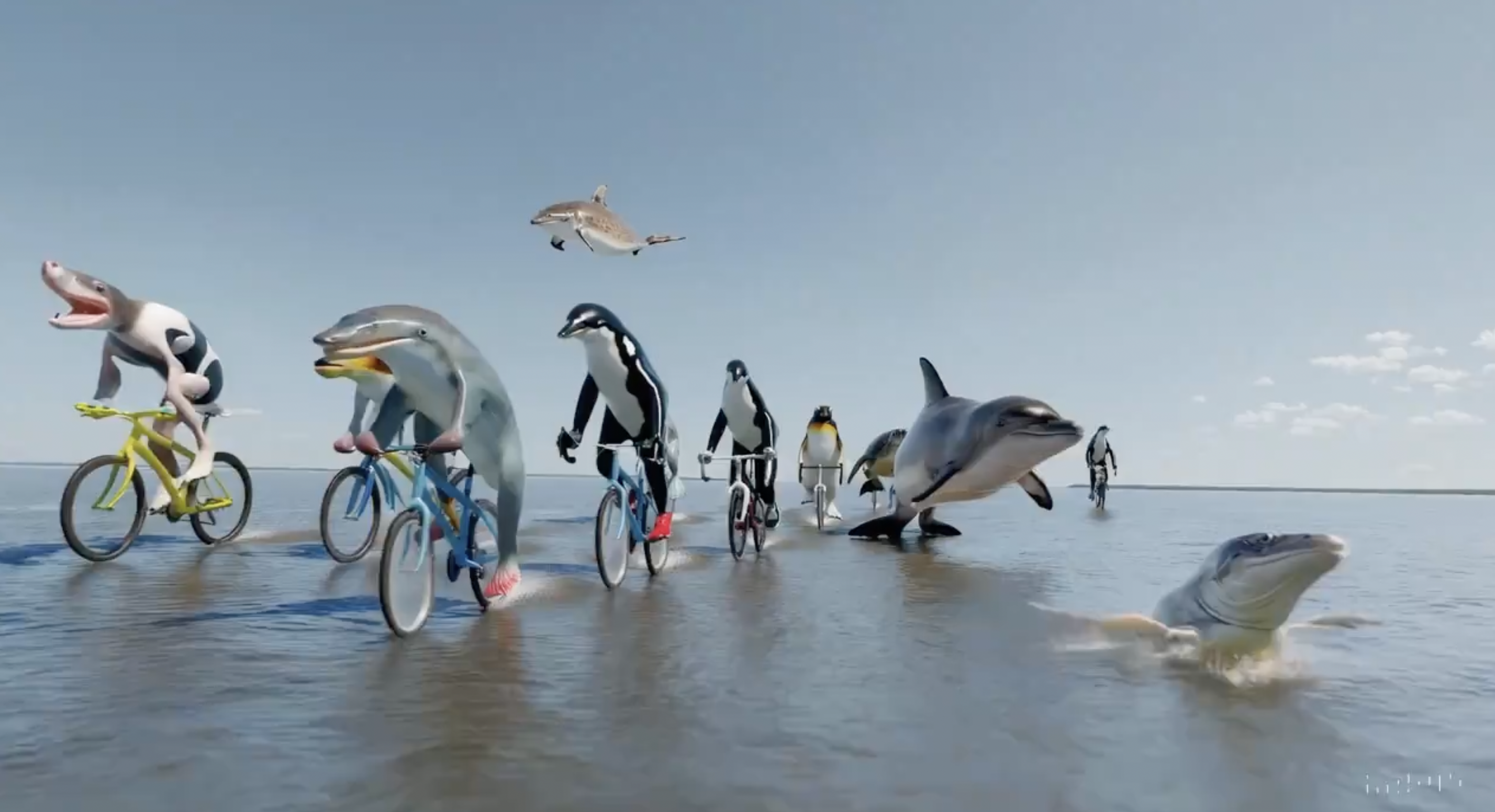 An AI-generated video from Sora, OpenAI’s new generative video model, shows sea creatures like fish and dolphins with legs, riding bicycles on top of an ocean.