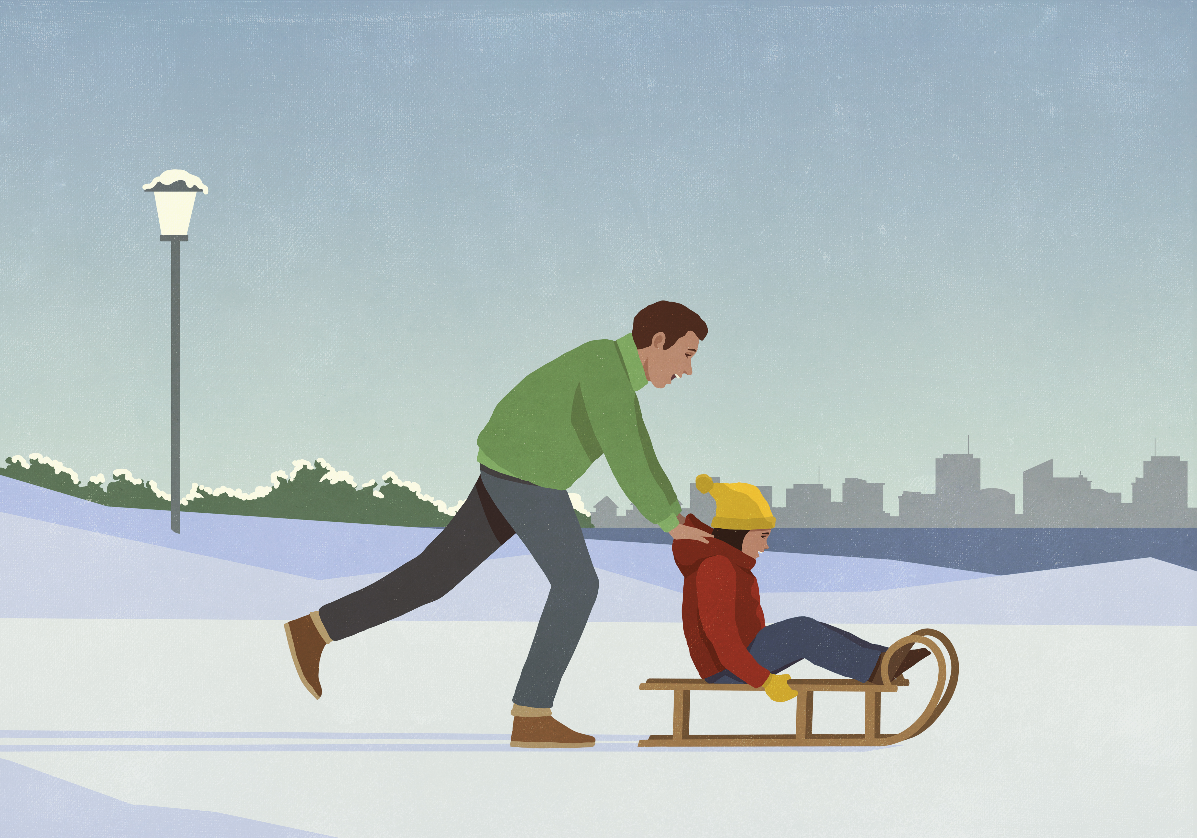 An illustration of a man pushing a child in a sled across a snowy landscape.