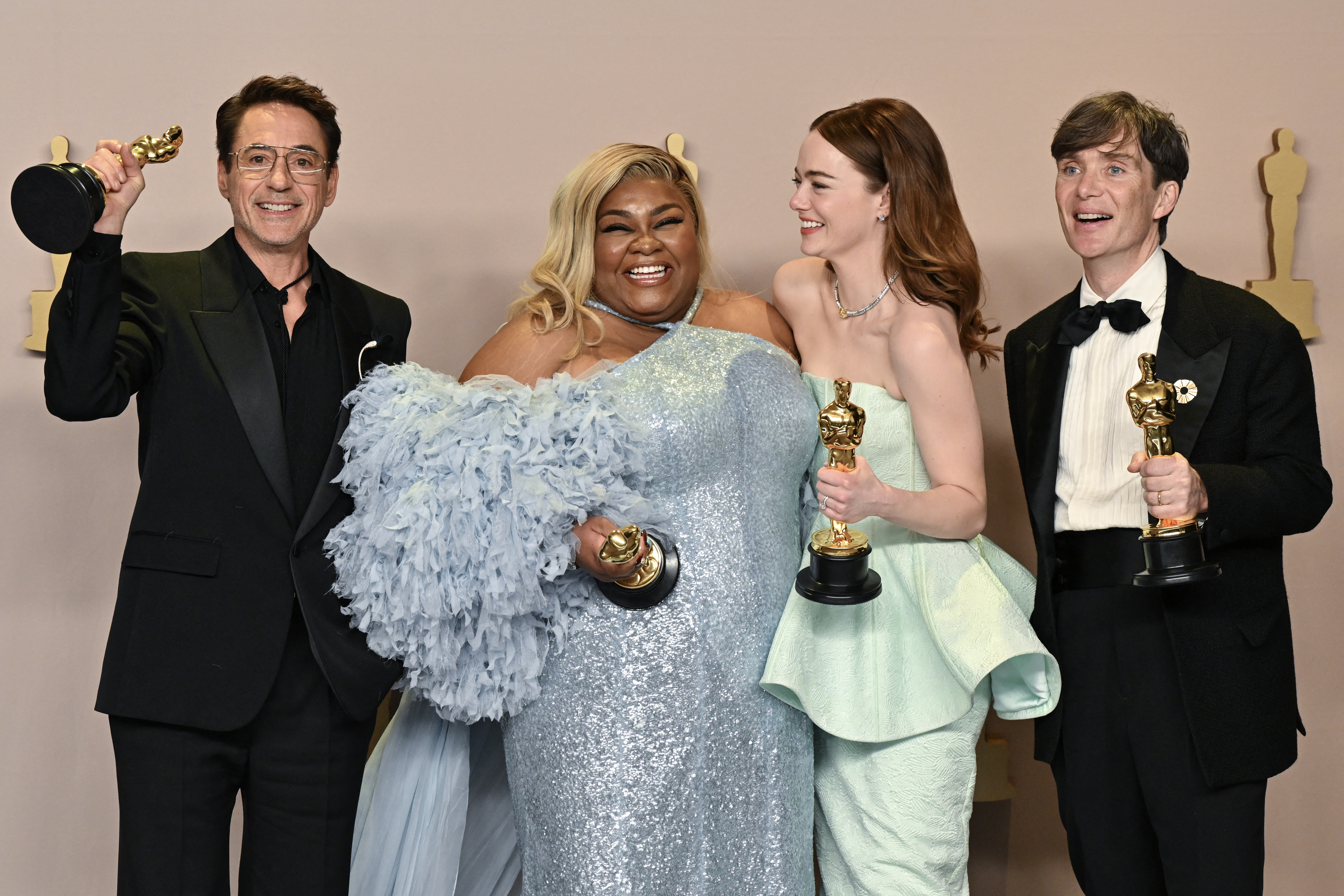 Best Actress for “Poor Things” actress Emma Stone, Best Actor for “Oppenheimer” actor Cillian Murphy, Best Supporting Actress for “The Holdovers” actress Da’Vine Joy Randolph and Best Supporting Actor for “Oppenheimer” actor Robert Downey Jr. pose in the press room during the 96th Annual Academy Awards.