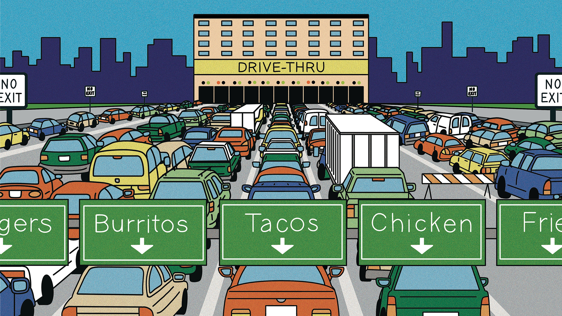 An illustration of a multi-lane highway filled with heavy car traffic leading to a giant structure labeled “Drive-thru.” There are green highway signs labeling the lanes “Burritos,” “Tacos,” “Chicken,” and “fries.” There’s a blue cityscape in the background.