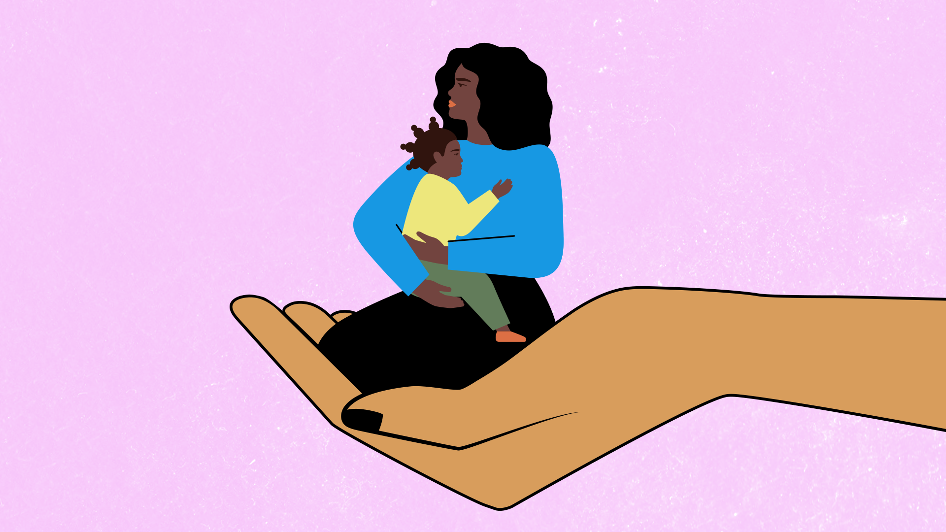 An illustration of a Black woman holding a young child, both being held by a giant hand.