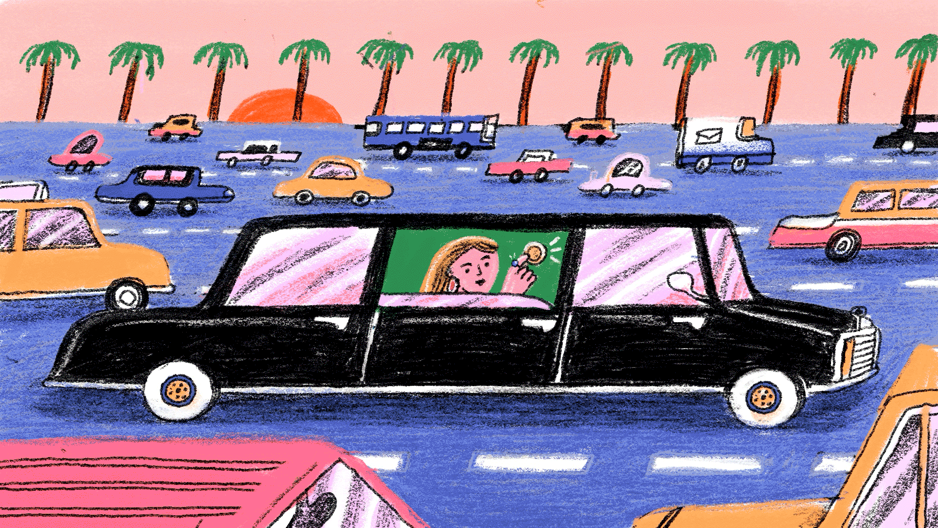 An illustration of a woman in the back seat of a stretch limo on a palm-tree-lined highway. She’s wearing expensive jewelry and holding a sparkling coin. She winks as the window rolls down.