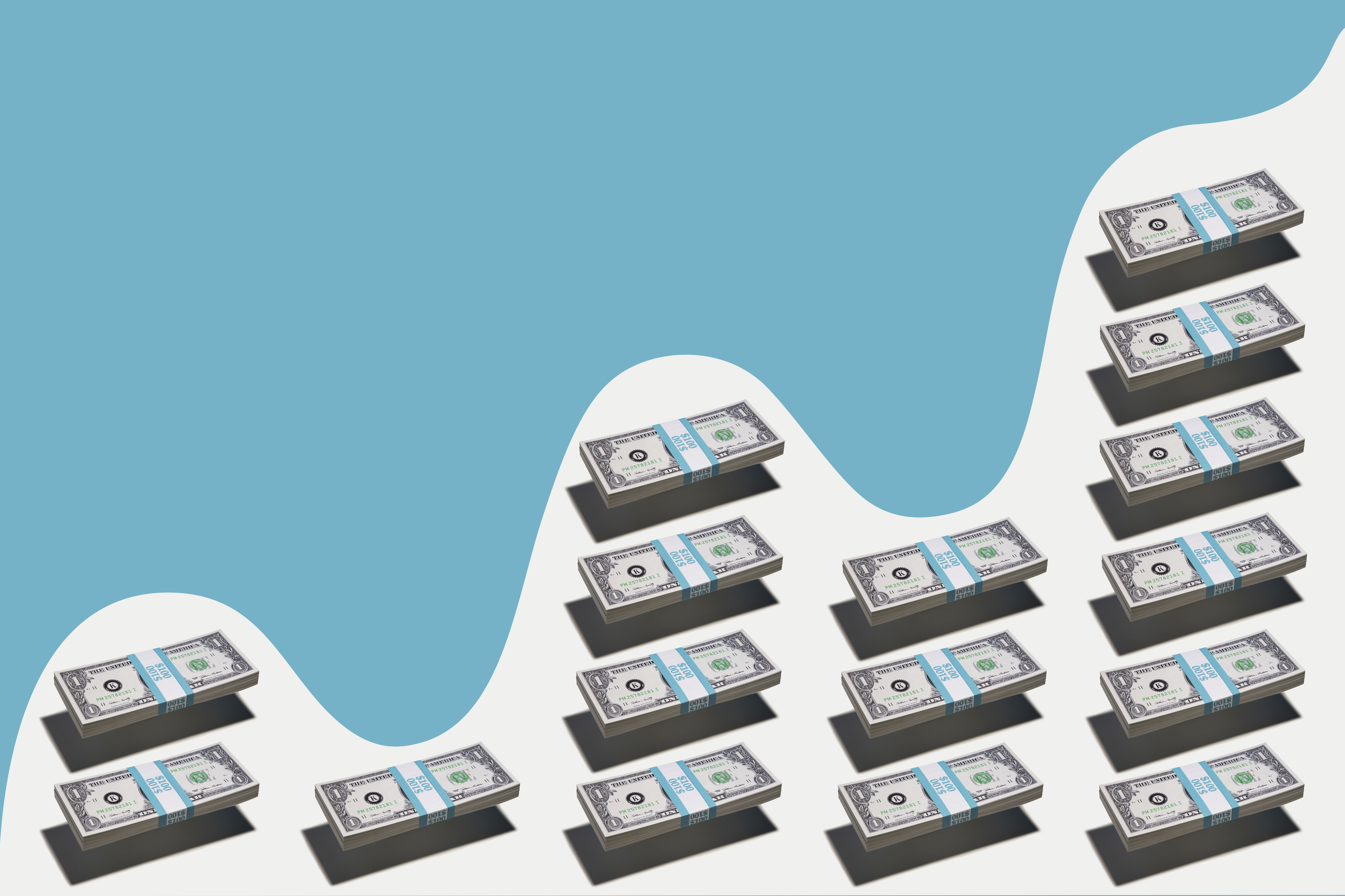 Illustration of stacks of cash that are of varying heights.