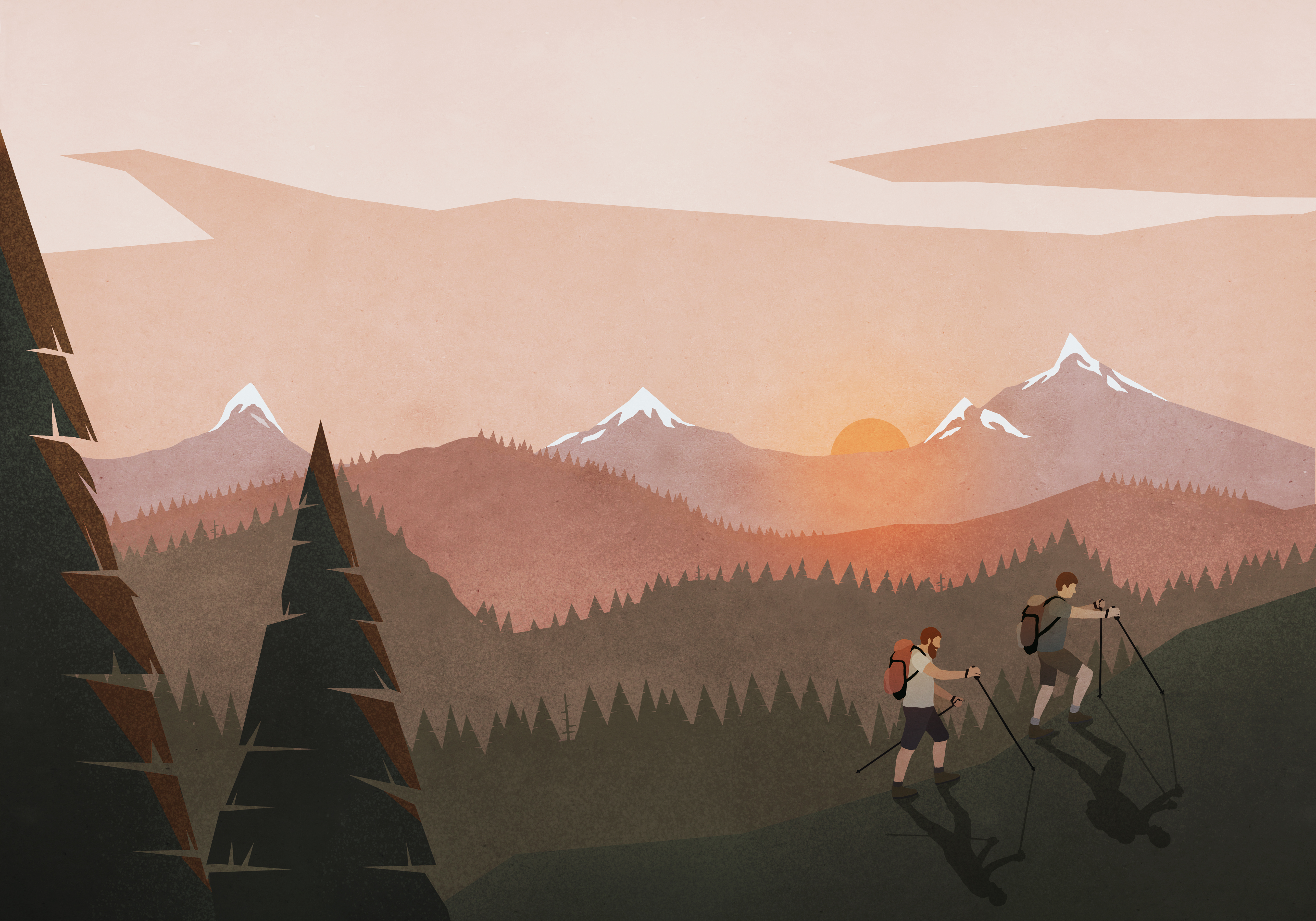 An illustration of two people hiking in a mountain landscape.