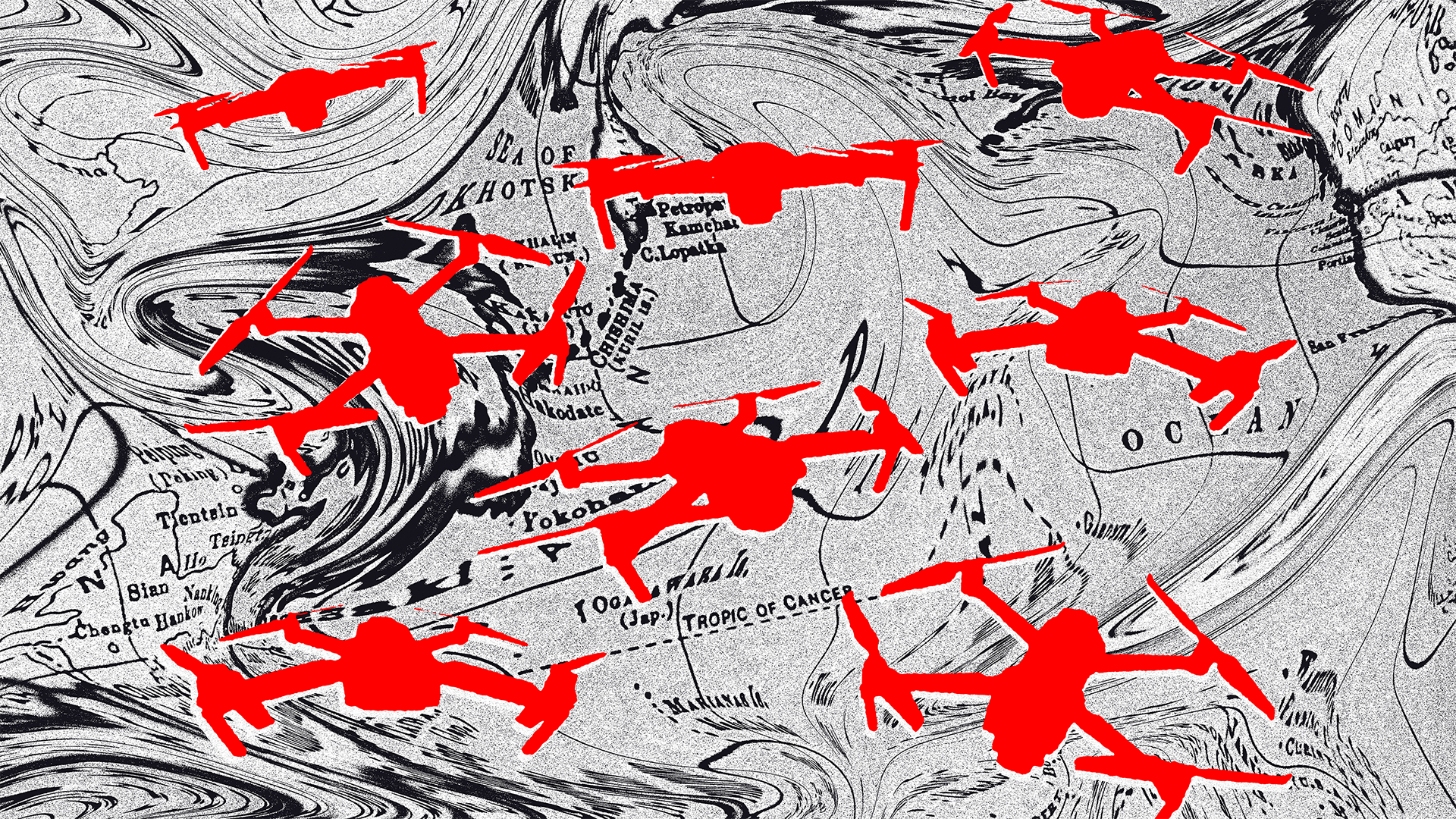 An illustration shows various drone shapes in bright red moving above a warped black and white map.