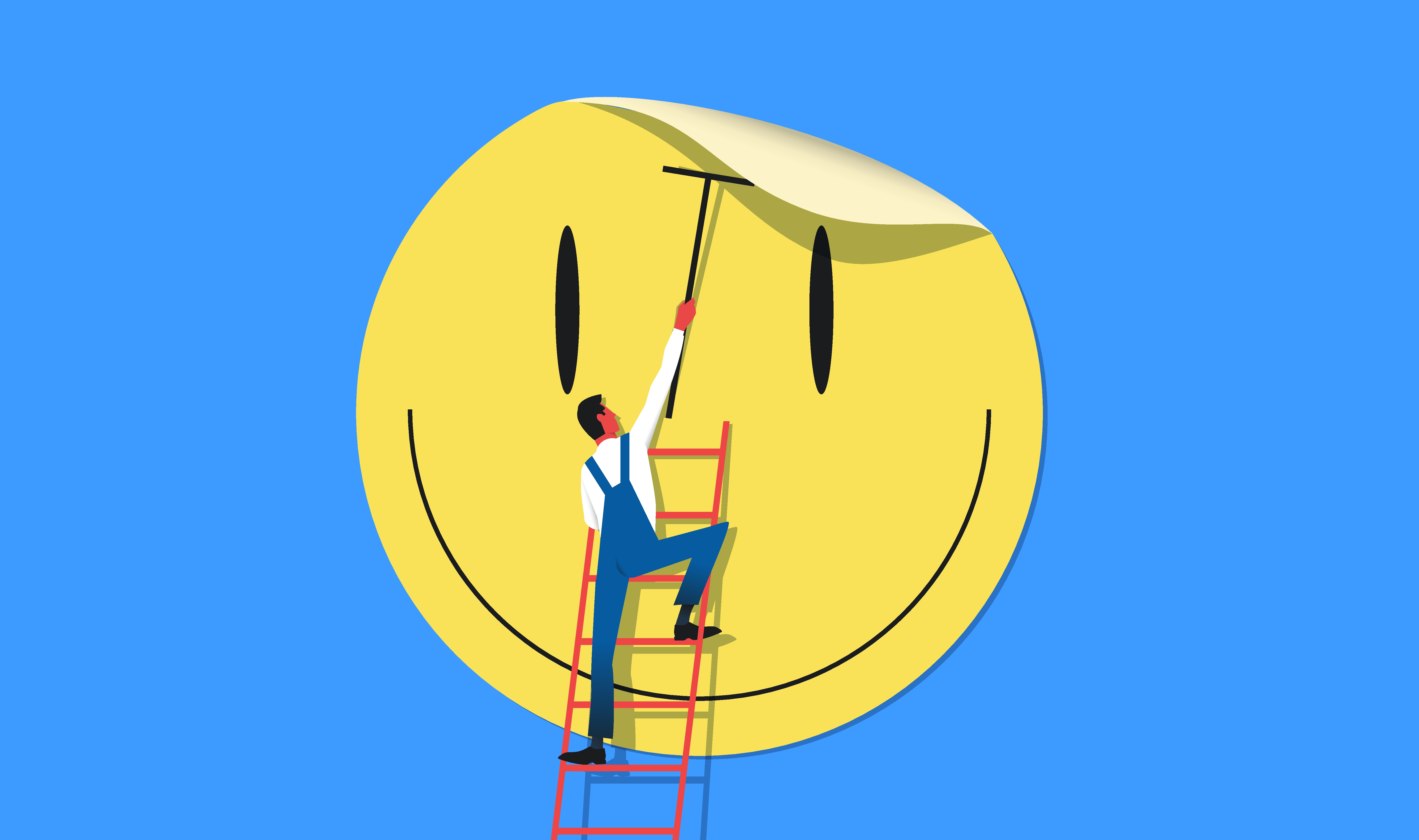 An illustration of a man in blue overalls standing on a red ladder and pasting a large yellow smiley face onto a blue wall. 