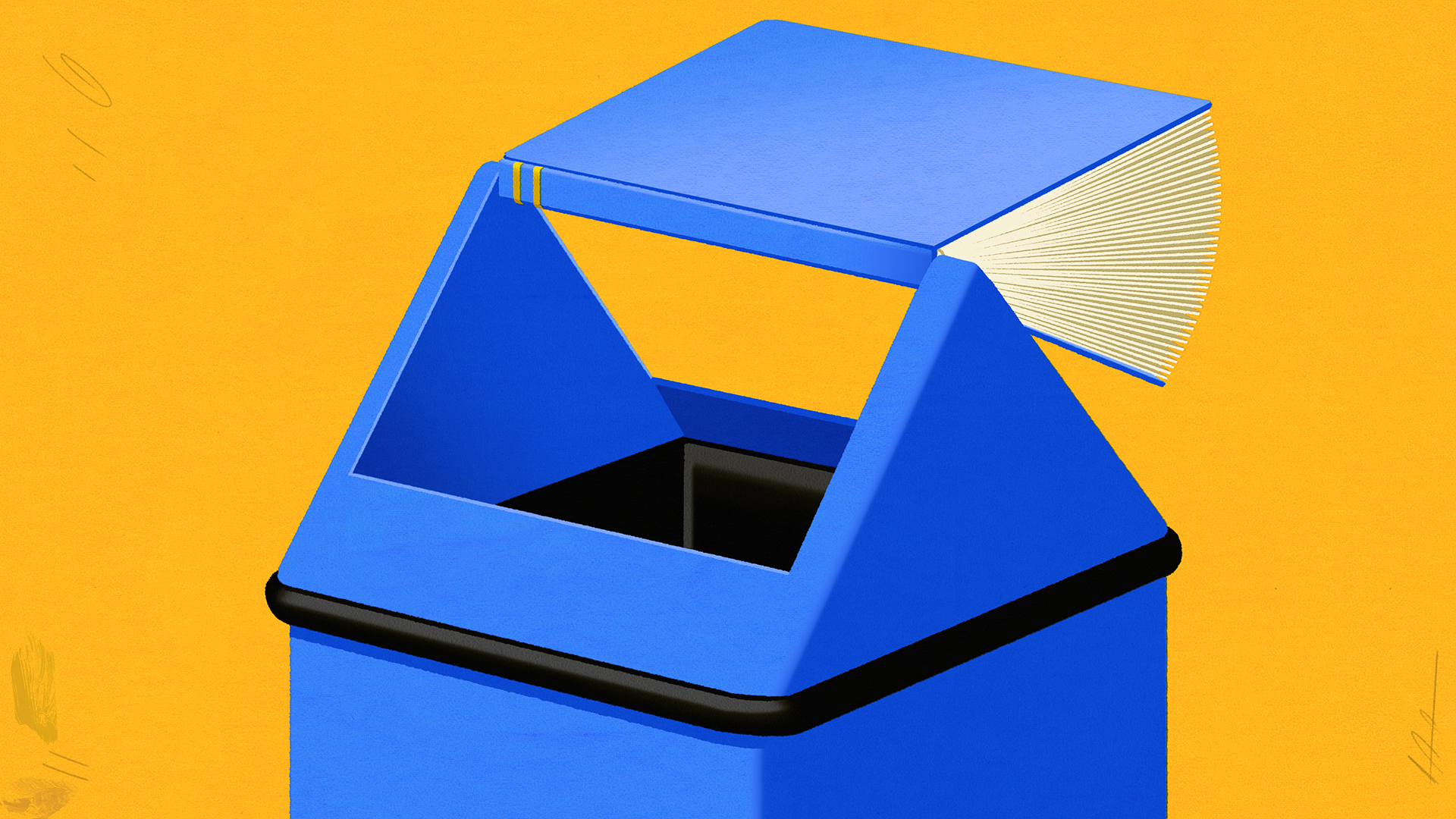An illustration of a blue garbage can stands against a yellow background. The flip lid of the garbage can is swinging to the right, and we can see that it’s a book.