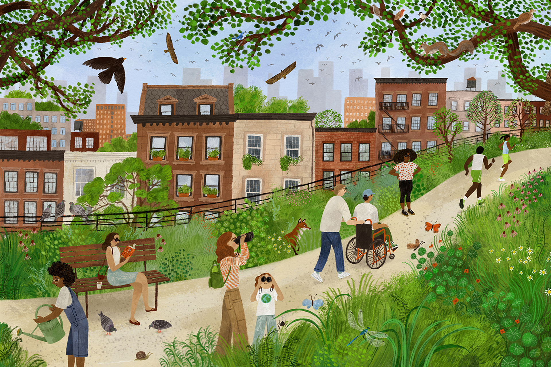 An illustration of a neighborhood of row houses bordered by a grass, flowering bushes, and a sandy path. Community members enjoy the surroundings, walking on the path, reading on a bench, watering plants, and using binoculars to look at the trees. One person pushes another person in a wheelchair.