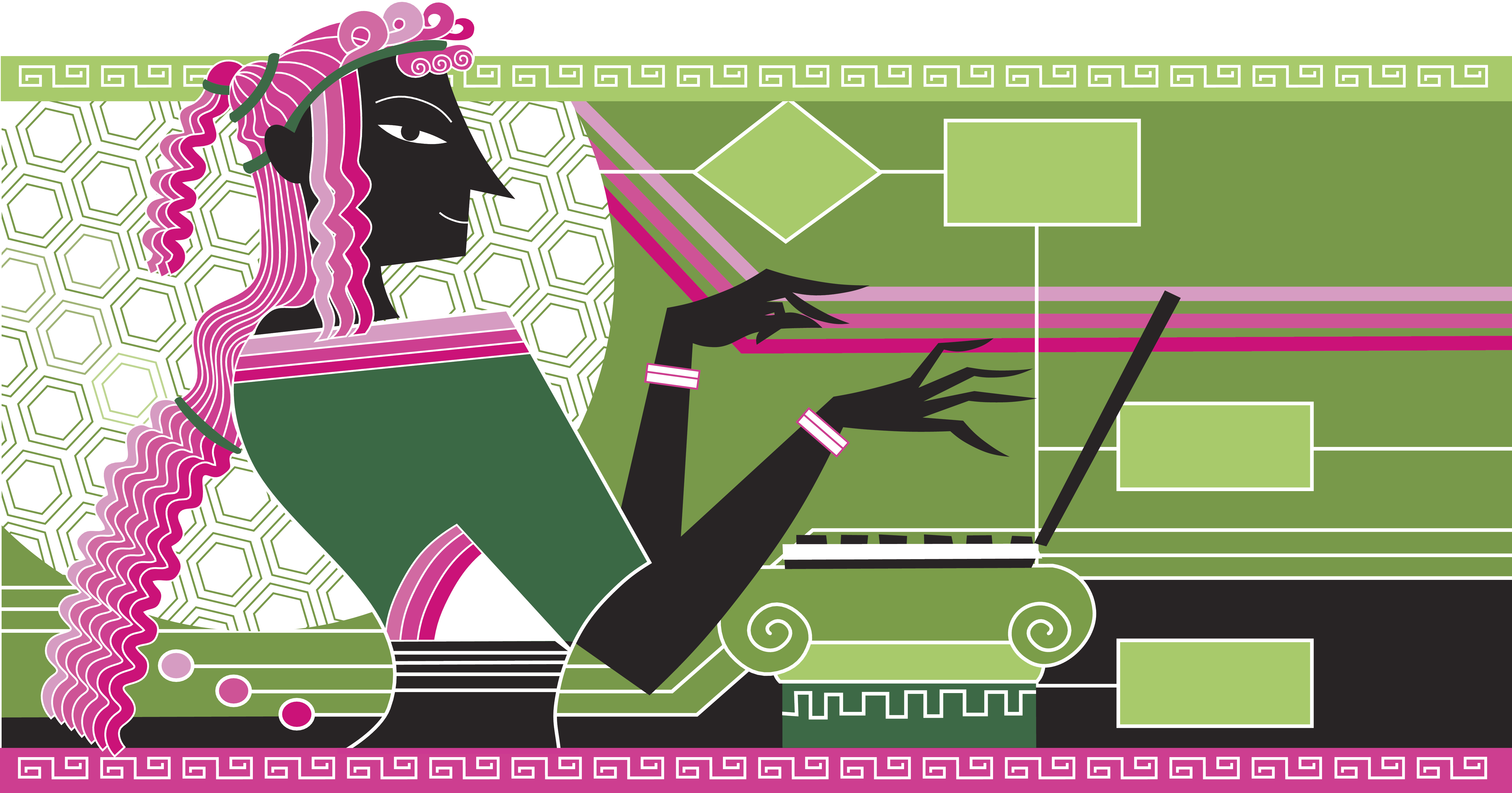 Illustration in pink and green of a stylized ancient Greek figure in profile working at a laptop.