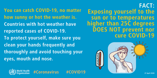 Exposing yourself to the sun or to temperatures higher than 25C degrees DOES NOT prevent nor cure COVID-19