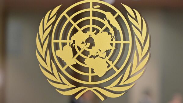 Логотип Организации Объединенных Наций в штаб-квартире Организации Объединенных Наций в Нью-Йорке