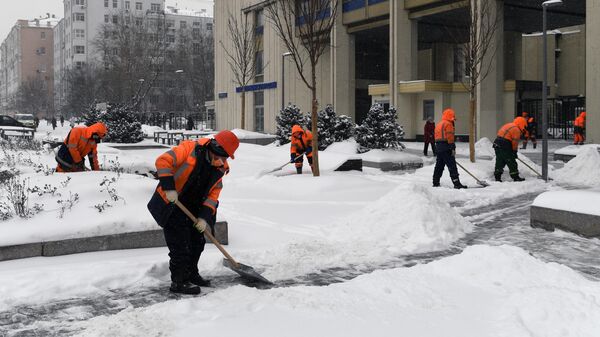 Сотрудники коммунальных служб расчищают тротуар во время снегопада на Зубовском бульваре в Москве