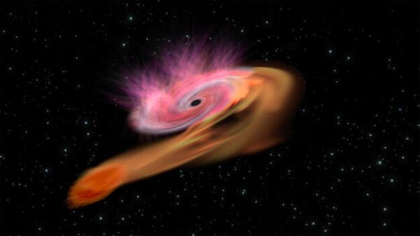 Явление приливного разрушения звезды при прохождении вблизи черной дыры в представлении художника